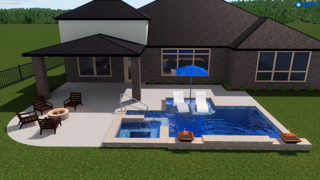 Cypress Project - Blue Wood - Geometric pool, tanning ledge, spa, safety railing, raised back wall, two fire bowls, one scupper, gas fire pit, multi-colored glass beads, travertine topper, split-face siding, glass tile, Arizona Sugar spray decking