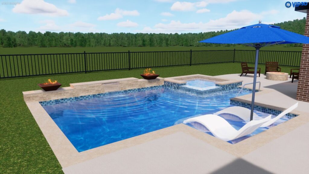 Cypress Project - Blue Wood - Geometric pool, tanning ledge, spa, safety railing, raised back wall, two fire bowls, one scupper, gas fire pit, multi-colored glass beads, travertine topper, split-face siding, glass tile, Arizona Sugar spray decking