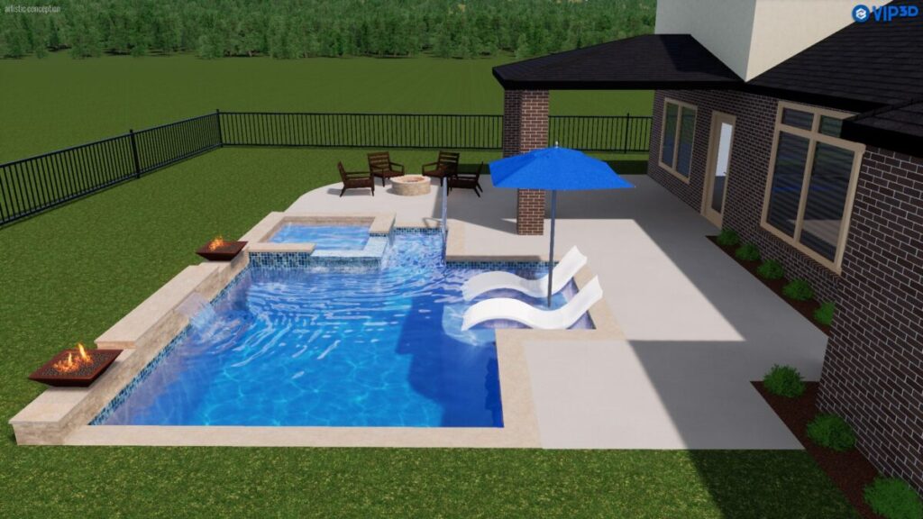 Cypress Project - Blue Wood - Geometric pool, tanning ledge, spa, safety railing, raised back wall, two fire bowls, one scupper, gas fire pit, multi-colored glass beads, travertine topper, split-face siding, glass tile, Arizona Sugar spray decking